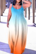 ライト ブルー セクシー カジュアル プリント バックレス スパゲッティ ストラップ ロング ドレス ドレス