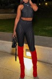 Black Sexy Casual Striped See-through Half A Turtleneck Sleeveless Two Pieces