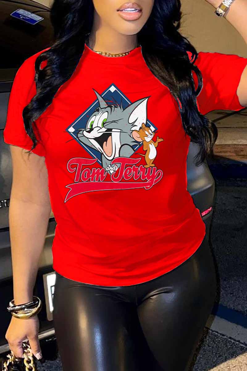 

Red Casual Character Print Letter O Neck T-Shirts