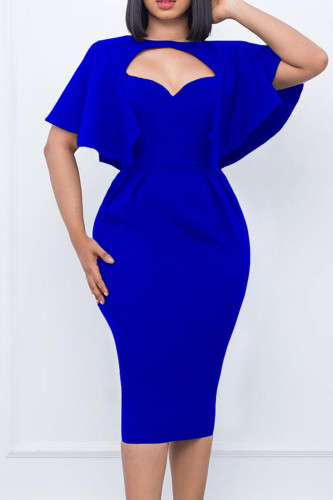Royal Blue Work Elegant Solid Hollow Out Patchwork O Neck Abiti con gonna a un passo