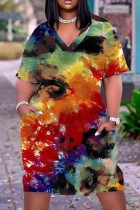Vestido de manga corta con cuello en V básico de patchwork con estampado informal en color