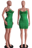 Vert Sexy Solide Paillettes Patchwork Spaghetti Strap Crayon Jupe Robes