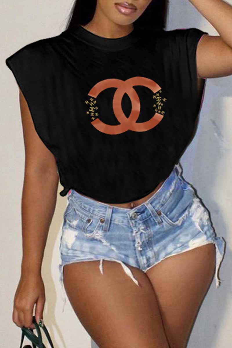 

Black Sexy Street Print Letter O Neck T-Shirts