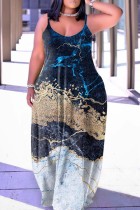 チベット ブルー セクシー カジュアル バックレス スパゲッティ ストラップ ロング ドレス ドレス
