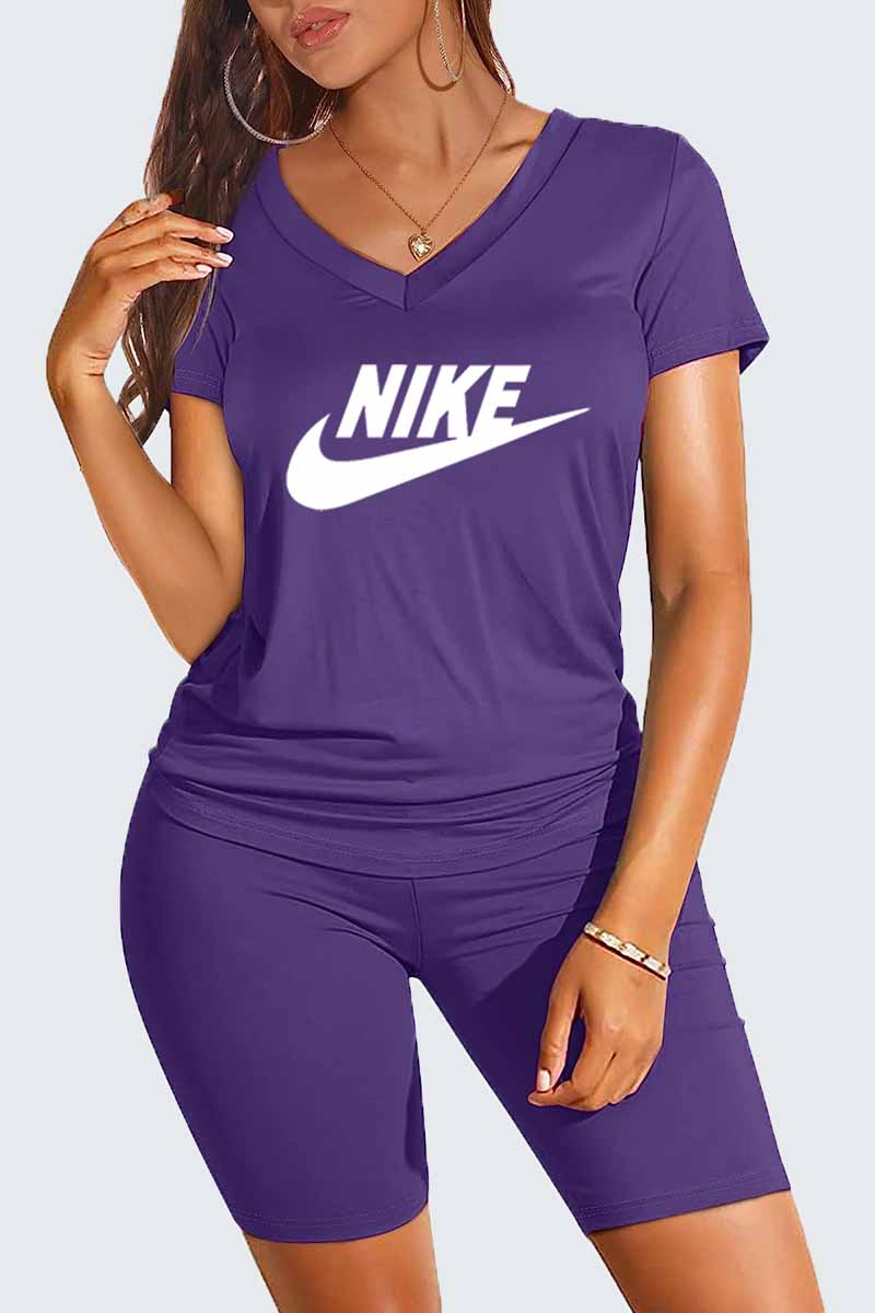 

Purple Casual Print Letter V Neck Short Sleeve Two Pieces