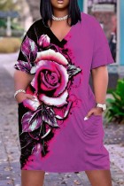 Fuchsia casual print patchwork basic jurk met V-hals en korte mouwen