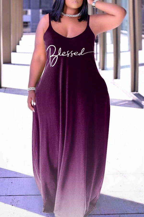 Темно-фиолетовый сексуальный повседневный принт без спинки длинное платье на тонких бретельках Платья