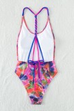 Multicolor Sexy Print Bandage Patchwork Backless Swimwears (mit Polsterungen)