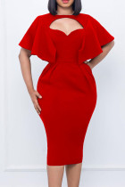 Red Work Elegant Solid Hollowed Out Patchwork O Neck One Step Skirt Dresses