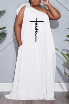 ホワイト カジュアル ソリッド パッチワーク 斜め襟 ストレート プラスサイズ ドレス