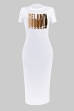 Vestido branco casual estampado manga curta com decote em O