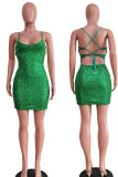グリーン セクシー ソリッド スパンコール パッチワーク スパゲッティ ストラップ ペンシル スカート ドレス