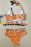 Oranje sexy print luipaard bandage patchwork badkleding zonder rug (met vulling)