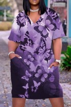 Пурпурное повседневное базовое платье в стиле пэчворк с v-образным вырезом и короткими рукавами