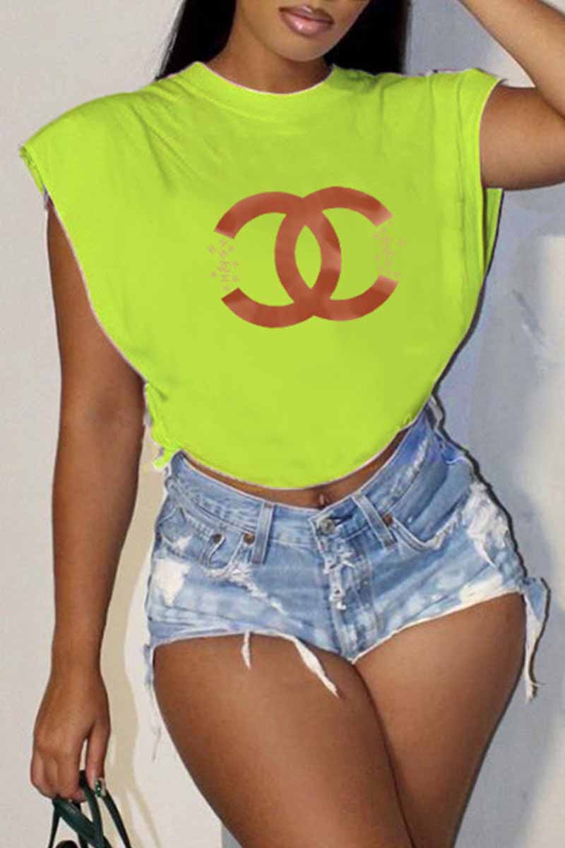 

Light Green Sexy Street Print Letter O Neck T-Shirts