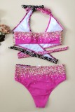 Pink Sexy Print Leopard Bandage Patchwork Backless Swimwears (With Paddings)