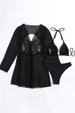 Black Sexy Solid Patchwork See-through Backless Swimsuit Three Piece Set (With Paddings)