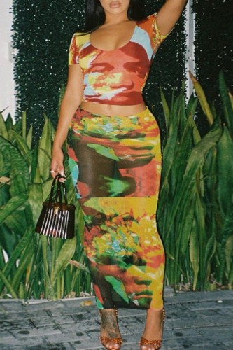Colour Sexy Print Basic O Neck Short Sleeve Two Pieces