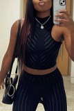 Black Sexy Casual Striped See-through Half A Turtleneck Sleeveless Two Pieces