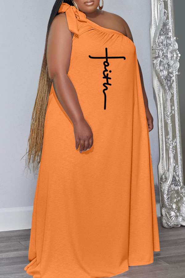 オレンジカジュアルソリッドパッチワーク斜め襟ストレートプラスサイズのドレス