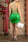 Vestidos saia lápis verde sexy com paetês patchwork alça espaguete