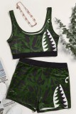 Green Fashion Casual Print Backless U Neck Plus Size Two Pieces