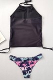 Черные купальники с открытой спиной и завязками с уздечкой и сексуальным принтом (с прокладками)
