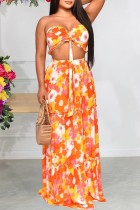 Orange Sexy Casual Print Backless Strapless Sleeveless Two Pieces