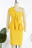 Patchwork solide élégant jaune doux avec des robes de jupe en une étape sans bretelles