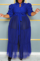 ブルー カジュアル エレガント ソリッド パッチワーク バックル フォールド ターンダウン カラー ケーキ スカート プラス サイズ ドレス