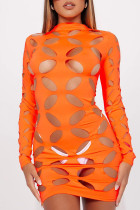 Robes à manches longues à col roulé orange sexy solides évidées