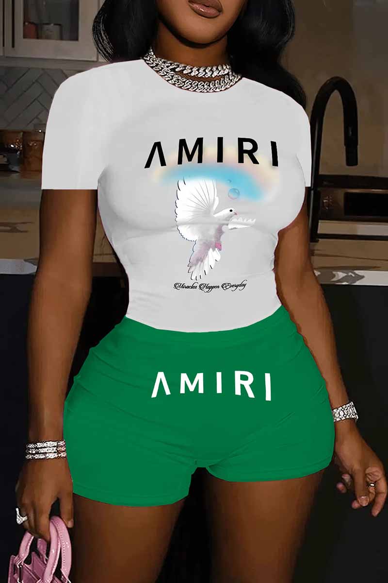 

Green Casual Print Letter O Neck Short Sleeve Two Pieces