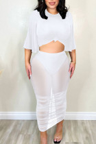 White Sexy Solid Patchwork See-through O Neck Half Sleeve Two Pieces