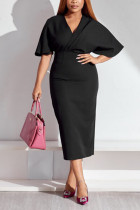 ブラック プラス サイズ カジュアル シンプル ベーシック ソリッド カラー V ネック ラップ スカート