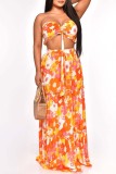 Oranje Sexy Casual Print Backless Strapless Sleeveless Two Pieces