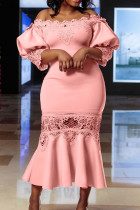 Розовое сексуальное однотонное прозрачное вечернее платье в стиле пэчворк с открытыми плечами Платья