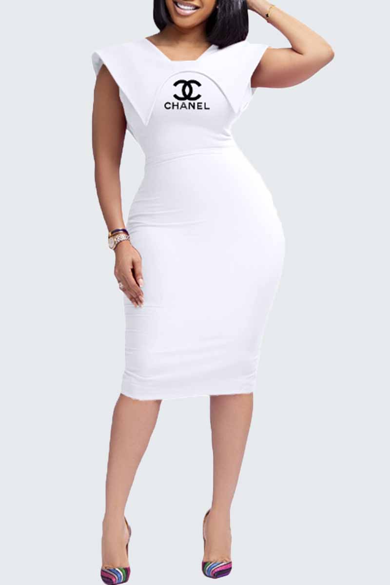 

White Work Print Slit Letter Square Collar Pencil Skirt Dresses