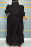 Wit Casual Elegant Solid Patchwork Gesp Fold Turndown Collar Cake Skirt Grote maten jurken