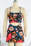 Blue Black Sexy Casual Print Hollowed Out Backless Spaghetti Strap Sleeveless Dress Dresses