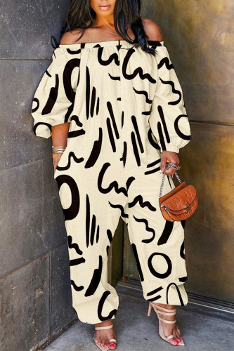 Apricot Casual Print Patchwork Off the Shoulder Regular Jumpsuits