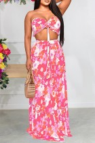 Pink Sexy Casual Floral Print Backless Strapless Sleeveless Two Pieces Crop Tops Ruffle Hem Skirts Sets