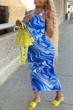 Синее сексуальное повседневное платье с принтом, базовое платье с U-образным вырезом, платья