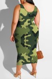 Army Green Casual Print Patchwork U Neck Plus Size Two Pieces