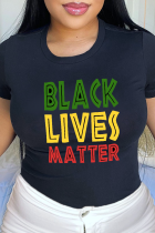 T-shirts décontractés noirs à col en V et patchwork imprimé rue