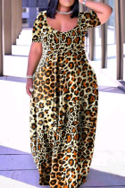 Leopard Print Casual Street Print Patchwork U-hals bedrukte jurk Grote maten jurken