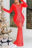 Vestido de noche con cuello redondo y perforaciones en caliente de malla de retazos de perforación en caliente para fiesta Sexy rojo Vestidos
