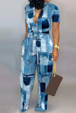 Navy Blue Casual Print Patchwork Buckle Turndown Collar Straight Jumpsuits
