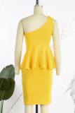 Patchwork solide élégant jaune doux avec des robes de jupe en une étape sans bretelles
