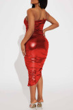 Rode sexy effen rugloze vouw spaghettiband mouwloze jurkjurken
