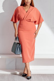 Orange Plus Size Casual Enkelhet Grund Enfärgad V-hals omslagen kjol